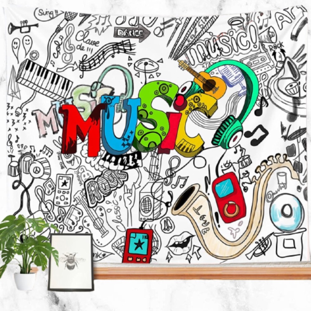 Music Wall Tapestry,Illustration of Graffiti Style Lettering Headphones tapestry